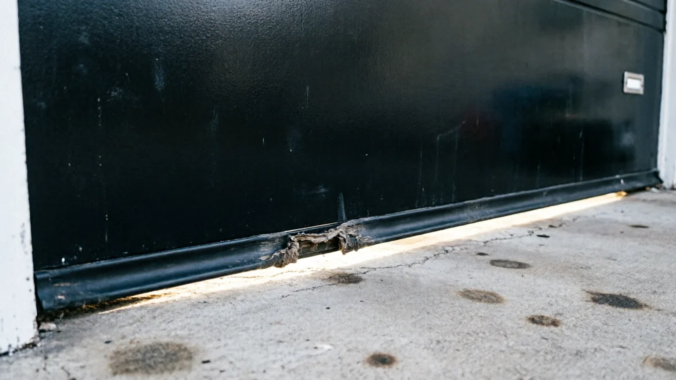 The bottom of a black garage door with a damaged weather seal and light showing underneath.