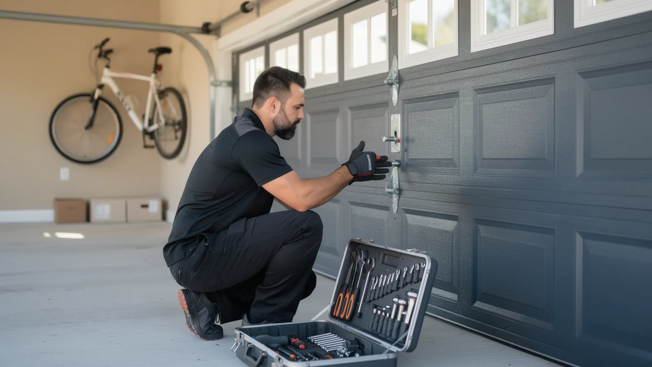 A technician in a black uniform is crouching and working on a gray garage door.