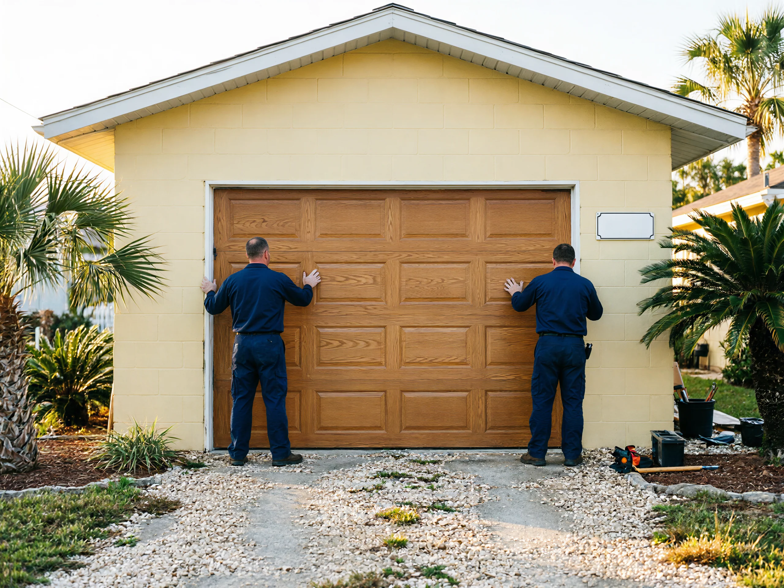 Two technicians install a brown garage door on a yellow garage.