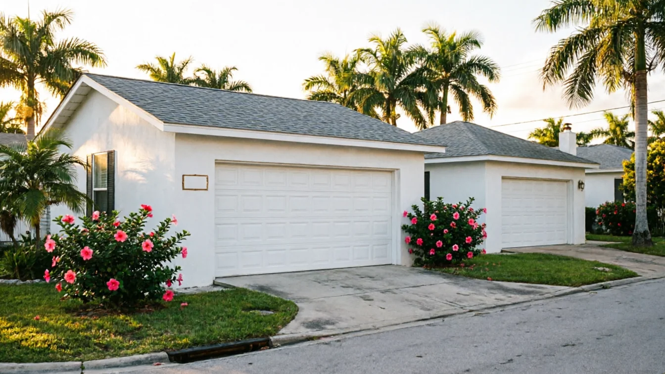 Two white houses with white garage doors and pink flowers are visible.